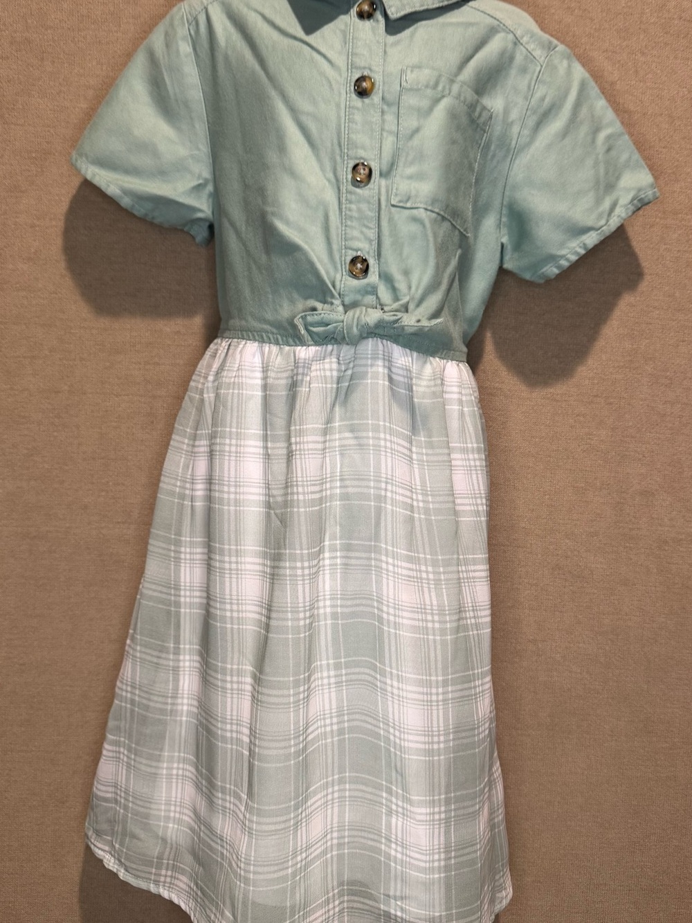Wonder Nation Girls Size Small (6-6X) Sage Green Plaid Front-Tie Shirt Dress